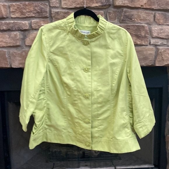 Coldwater Creek lime green jacket with ruffled collar and touching on the sides. - Picture 1 of 12